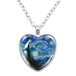Hot Selling Personalized Fashion Van Gogh Art Starry Night Sunflower Necklace Glass Painting Heart Shaped Pendant Print