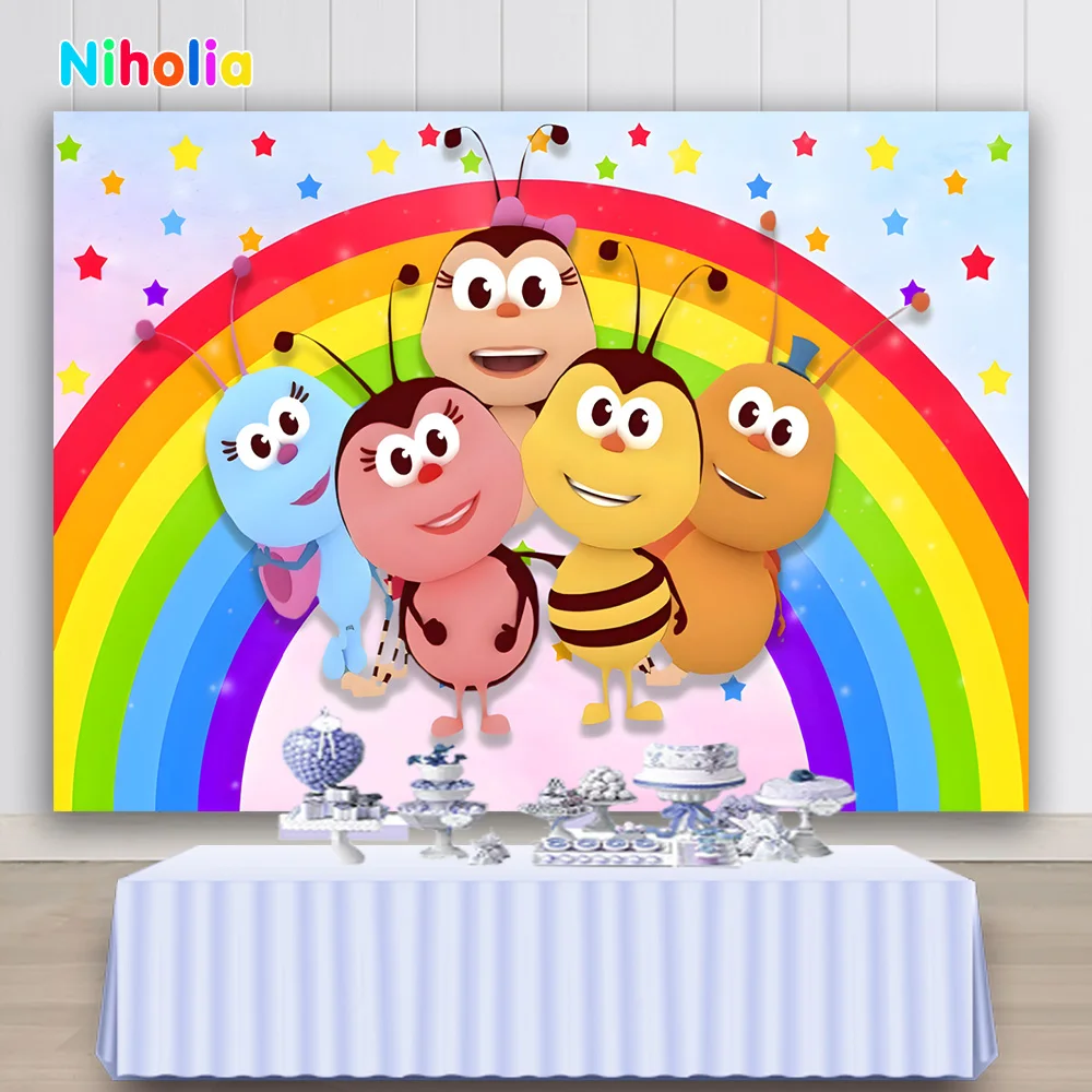 NIHOLIA Bichi Kids Photo Backdrop Happy Birthday Colorful Rainbow Photography Background Custom Decor Banner Props