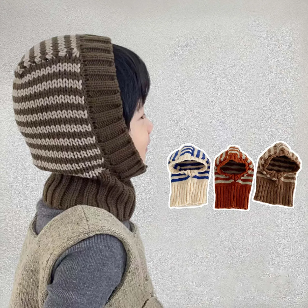 

Fashion Striped Kids Knitted Hat 2024 Korean Children's Autumn Winter Beanie Cap For Boys Girls Neck Ear Protection Wool Cap