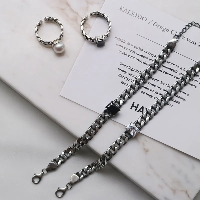 

Vintage Agate or White Crystal Chain Bracelet S925 Sterling Silver Personality Bracelet Unisex