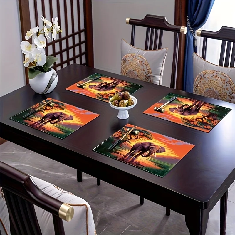 4pcs Set Sunset Elephant Linen Placemats - Non-slip and Heat-resistant Table Mats, Suitable for Restaurant and Kitchen Decoratio