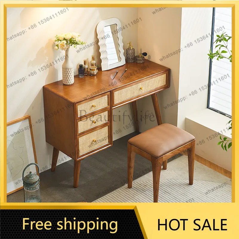 LD retro Nordic solid wood makeup table and chairs desk bedroom rattan dresser