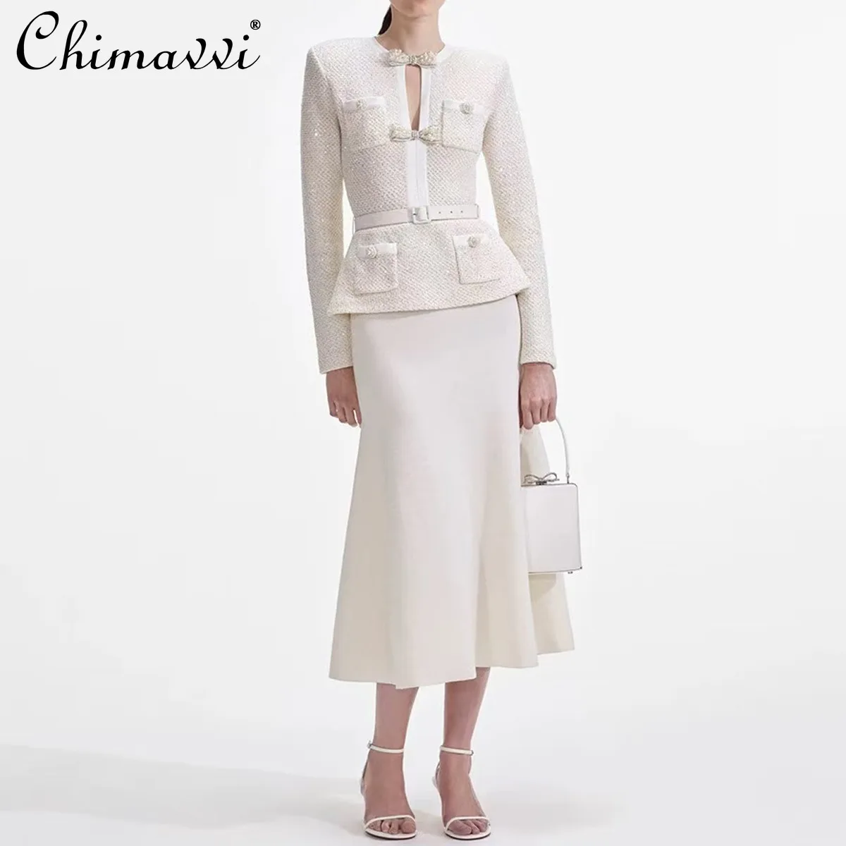 

Элегантный французский стиль для поездок на работу, круглый вырез, пояс с бантом из бисера, тонкий вязаный топ, облегающая юбка с высокой талией, комплект из двух предметов для женщин