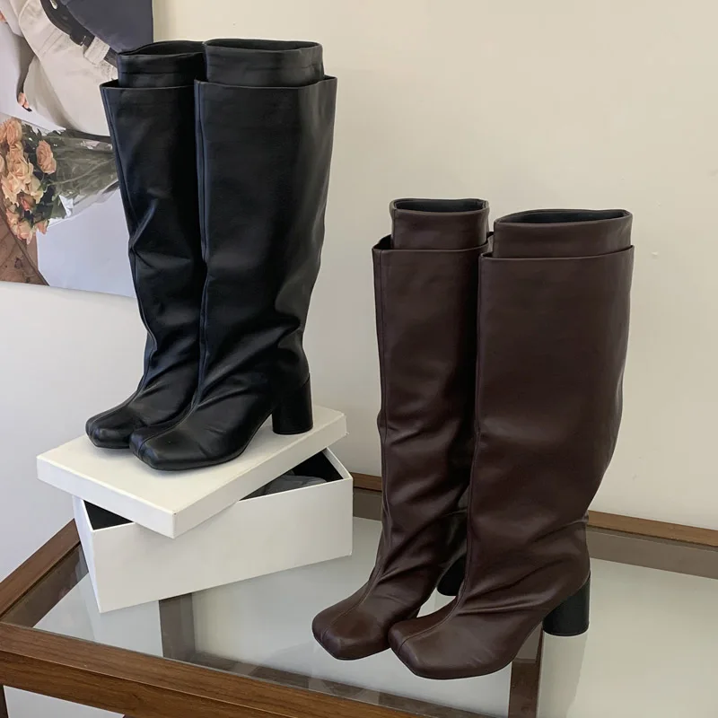 Eilyken Punk Style Design Pleated Splicing Women Knee-High Long Boots Autumn Winter Square Toe Round High Heels Shoes