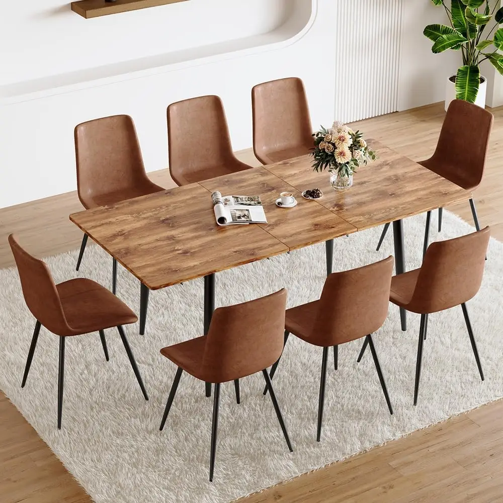 Set for 8, 59"-75" Extendable Dining Room Table Set with 8 Upholstered Chairs, Wood Kitchen Table Chairs Set for Living Room,