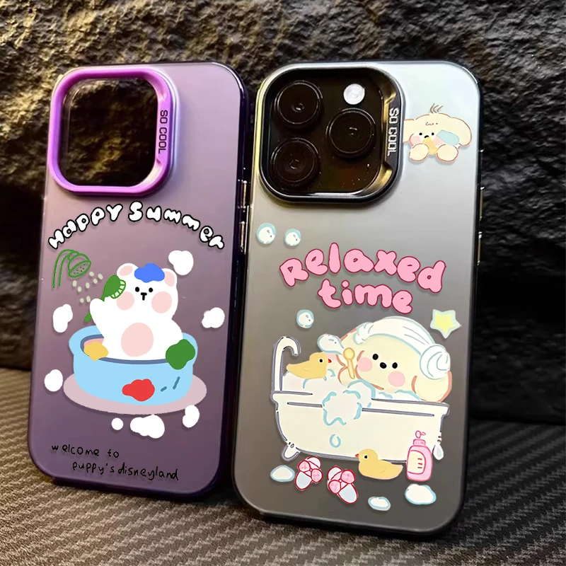 Cartoon Bathing Cat Dog Case for iPhone 16 15 14 13 12 11 Pro Max XS X XR 8 7 Plus SE 2020 Shockproof Plating Matte Hard Cover