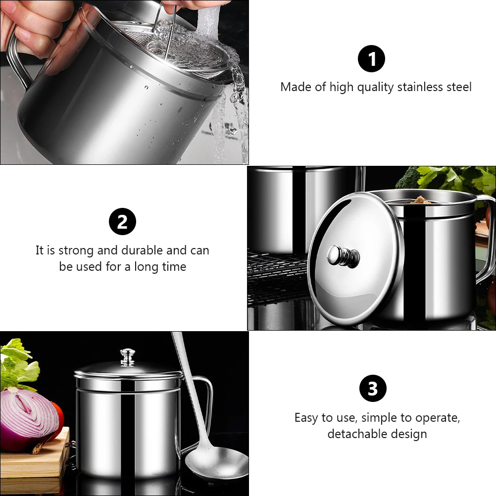 

Stainless Steel Strainer Pot Grease Container With Mesh Filter For Kitchen Oil Storage Reusable Household Oil Can Dust-Proof Lid