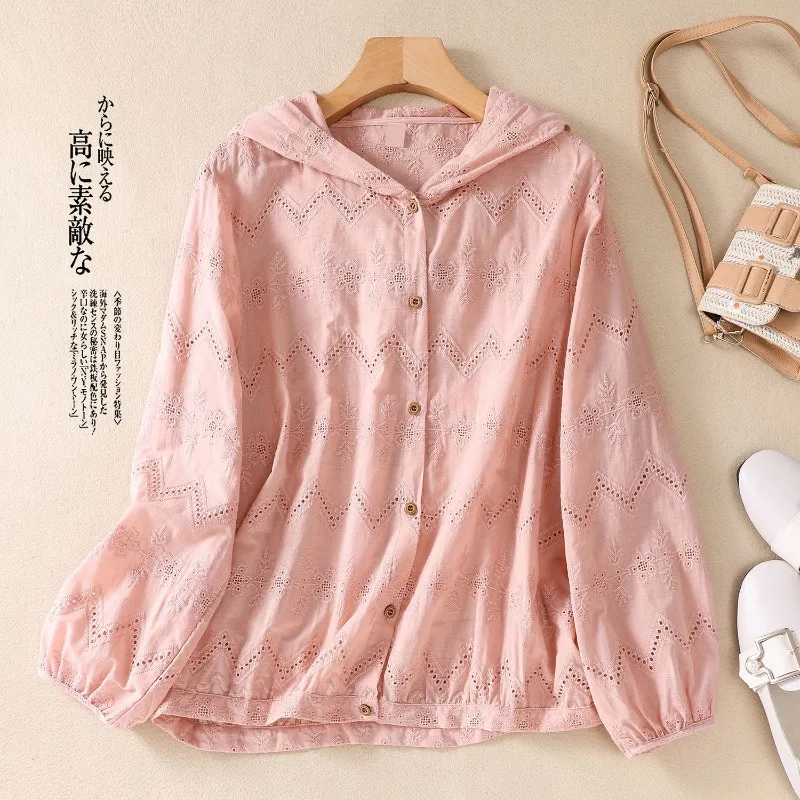 Japanese Cotton and Linen Jacquard Hollowed Out Sun Protection Shirt, Loose and Slim Versatile Hooded Long Sleeved Shirt Women's