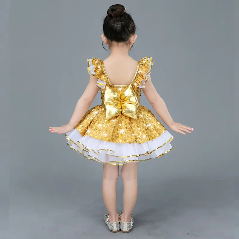 Golden Modern Sequin Dance Costume Girls Lyrical Contemporary Freestyle Yellow Dance Dress Girls Stage Wear Festival Celebration