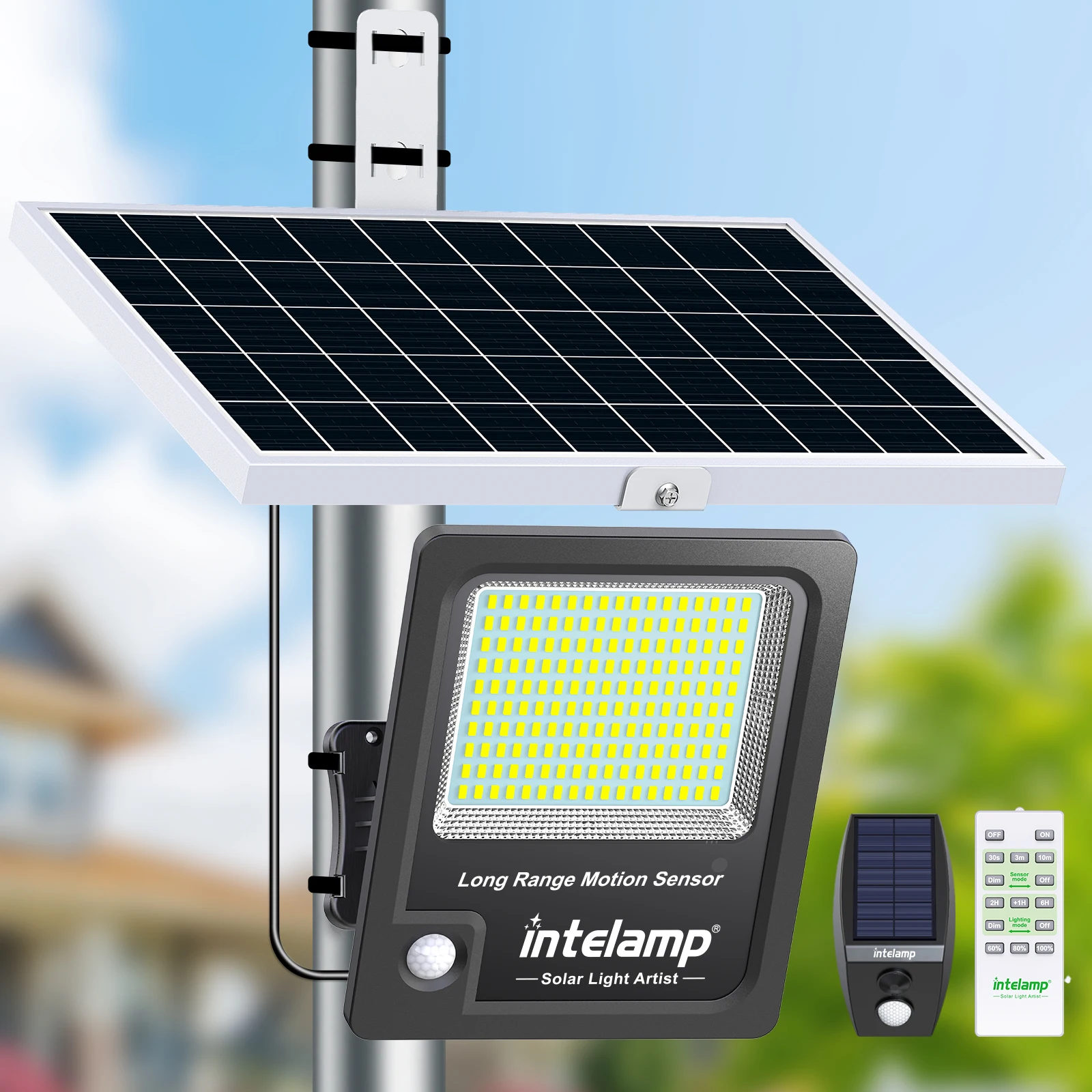 Projecteurs solaires Intelamp 12000mAh 3000LM pour extérieur, IP65, avec grand panneau solaire et capteurs de mouvement, lampes de sécurité solaires