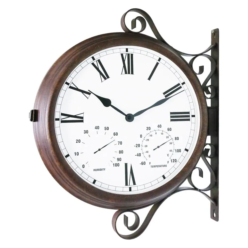 Double-Sided Outdoor Quartz Wall Clock with Temperature Humidity Gauge Metal Rustic Design for Home Garden Decor