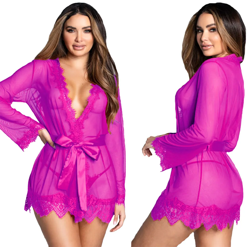 Sex Transparent Underwear Short Dress Robe+G String Women Sexy Lace Trim Sleepwear Lingerie Babydoll Erotic Nightgown