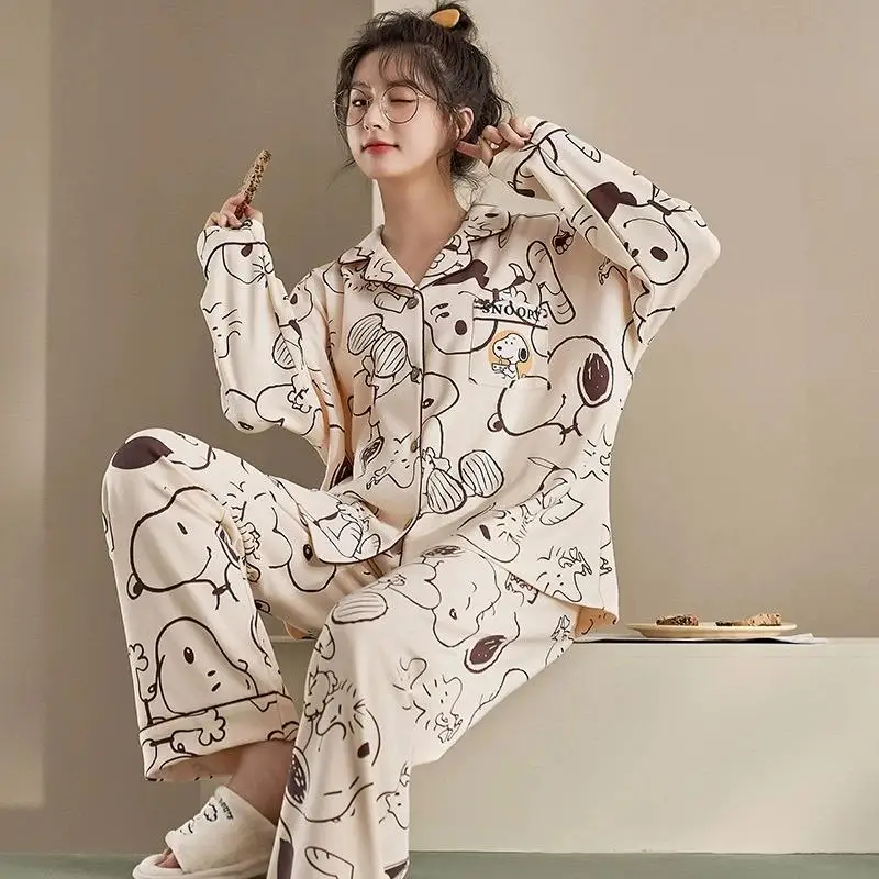 Anime Snoopy Couple Pajamas Home Clothes Long Cardigan Comfort Cartoon Snoopy Pajamas Two Piece Set Soft Casual For Girls Boys