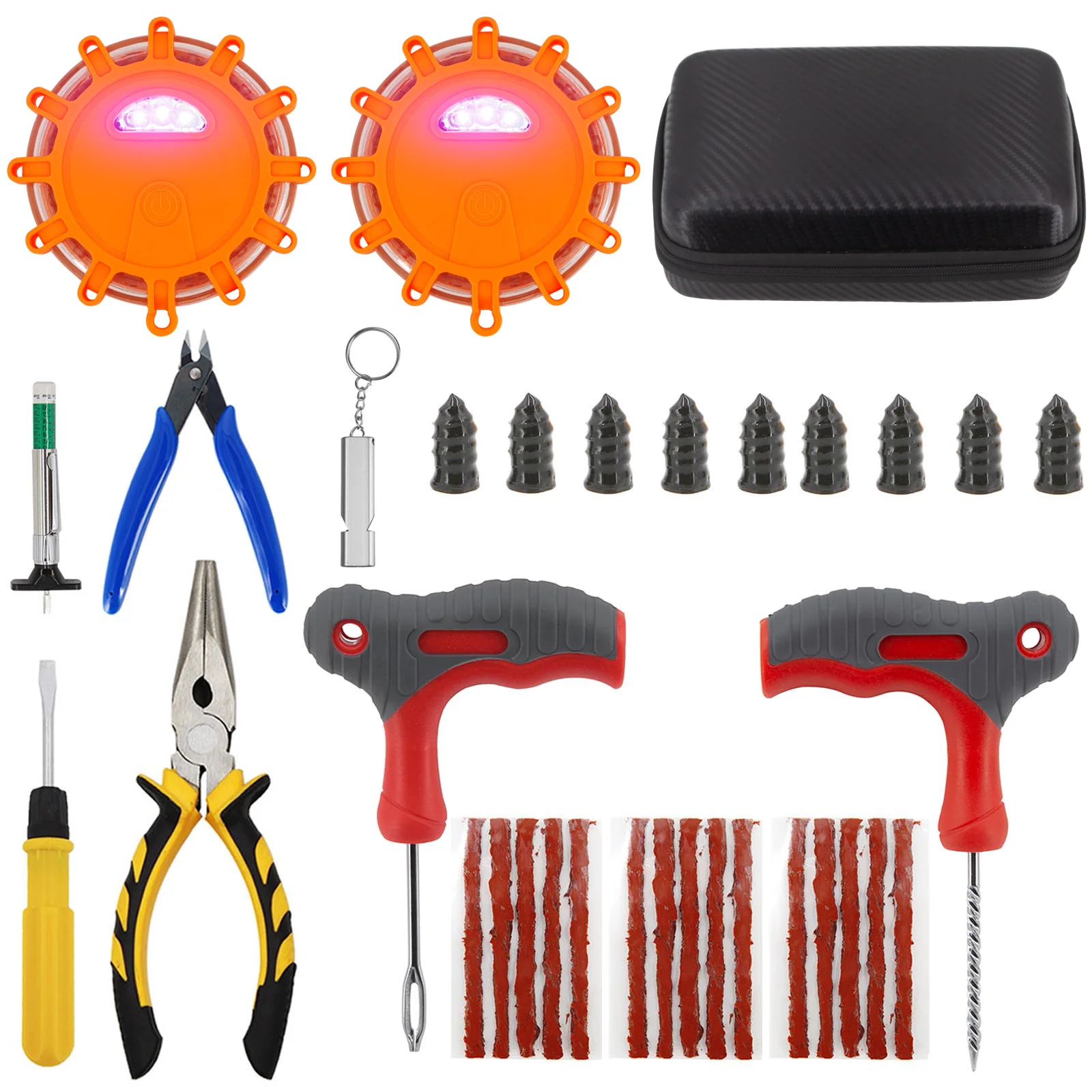 

36PC Roadside Emergency Car Kit Tire Repair Tool Road Flare Tire Strips Nose Pliers Tyre Repair Nail for SUV Trunk RV Motorcycle