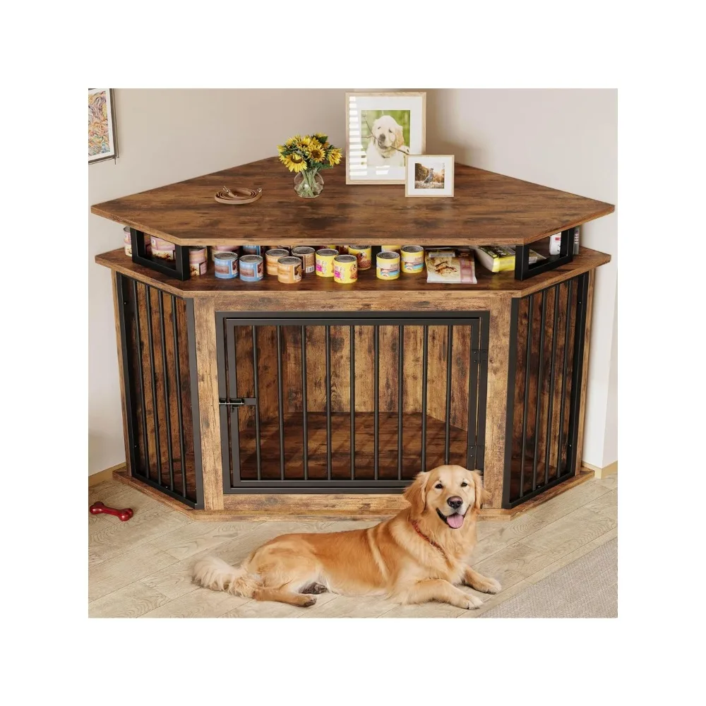 

Corner Wooden Dog Crate Furniture with 2-Tier Shelves, Pet Kennel for Large Dogs, Space-Saving Dog Cage Indoor, Rustic Brown.