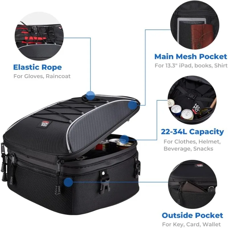 Dual Use Motorcycle Rear Seat Bag with Waterproof Rain Cover, 22L-34L Expandable Motorbike Helmet Bag Luggage