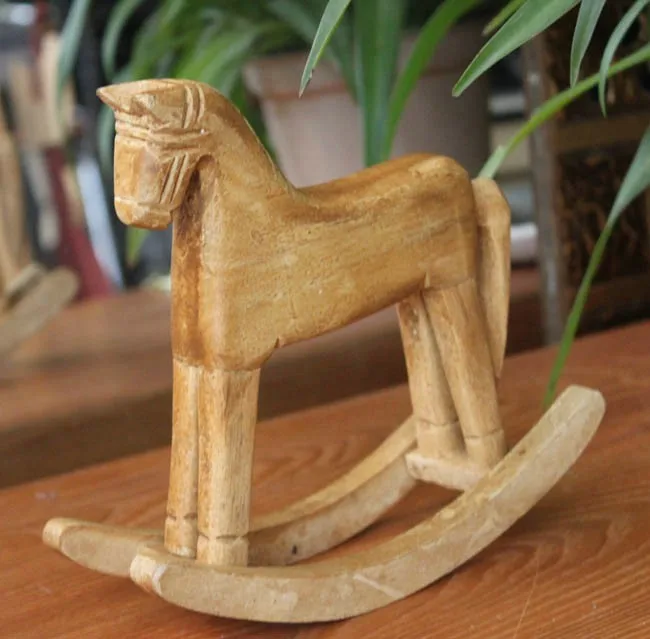 Solid Wood Rocking Horse Trojan Animals Ornaments, Horse Statue, Retro Home Decoration Accessories, Wedding Decor