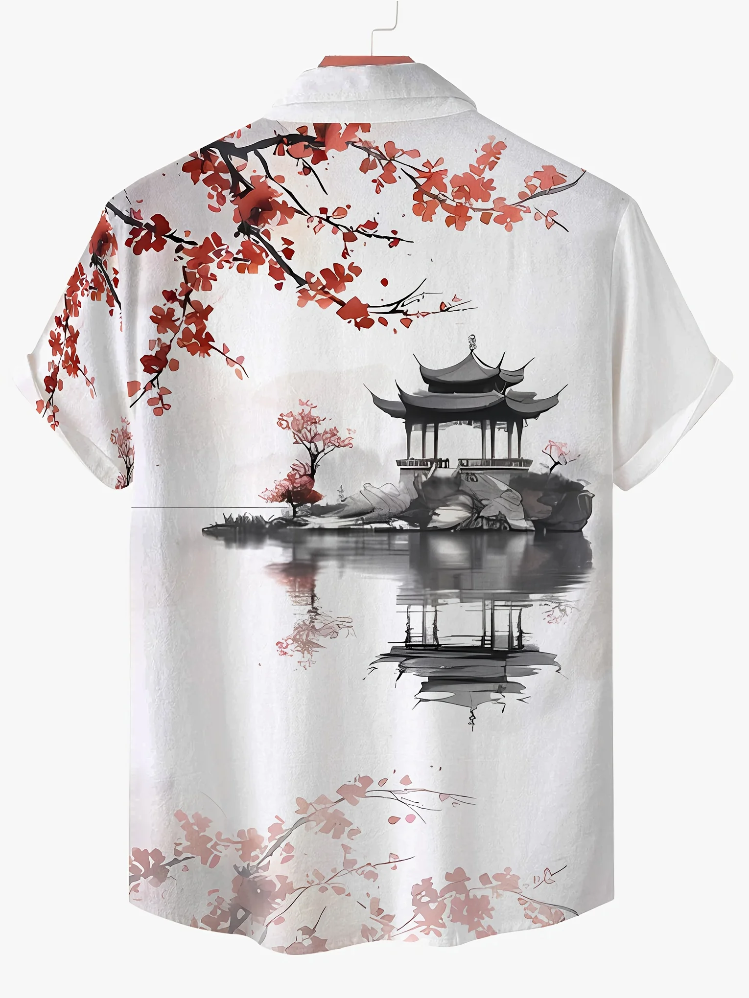 Men Short Sleeve Button Down Shirt Chinese Ink Wash Pavilion Plum Blossom Landscape Print Polyester Casual Beach Blouse