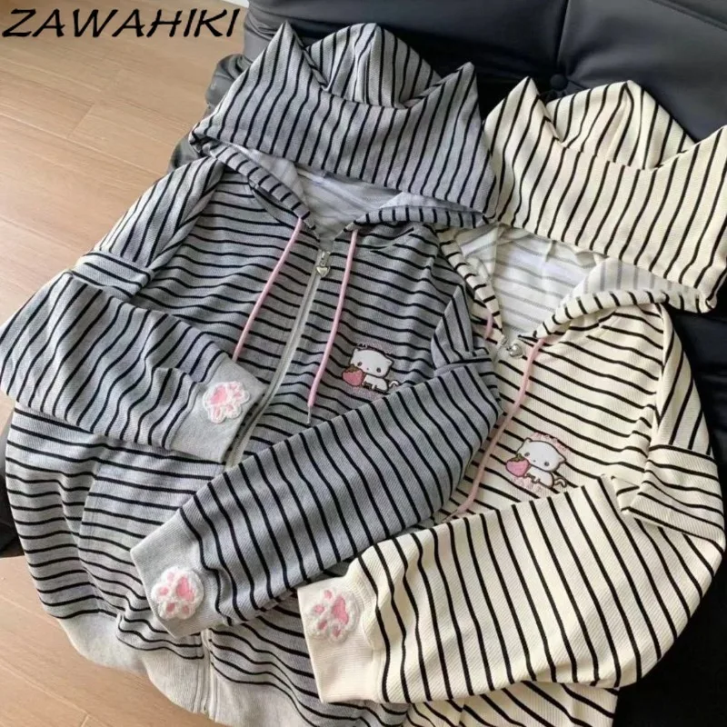 Japanese Cute Hoodies Women Cat Embroidery Striped Top Female Patchwork Design Sweatshirts Preppy Sweet Fashion Ropa Mujer