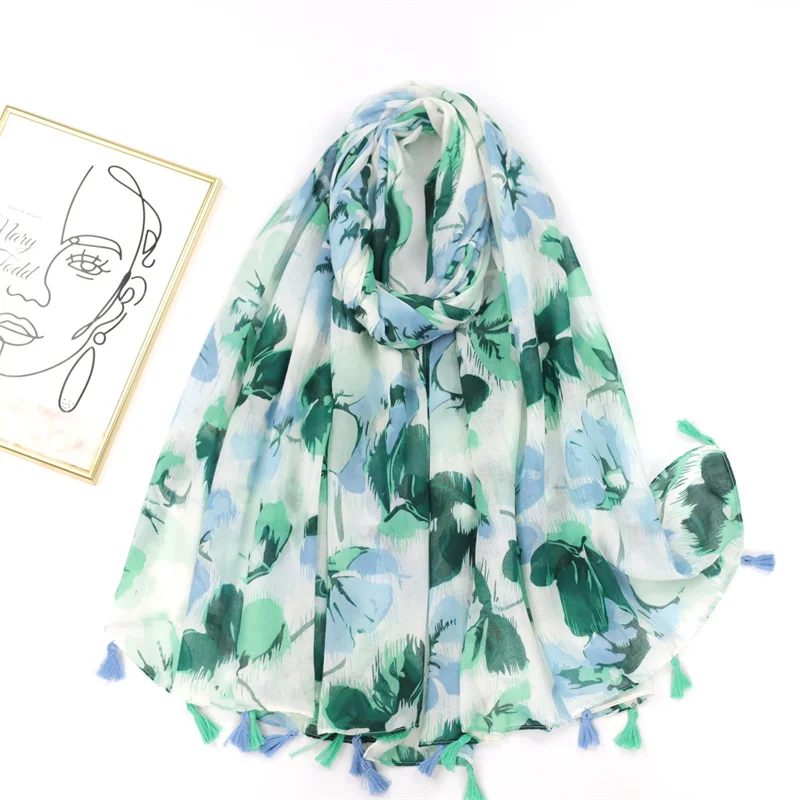 Spain Lovely Poppy Floral Tassel Viscose Shawl Scarf Lady High Quality Wrap Thin Headband Bufandas Muslim Hijab Sjaal 180*90Cm