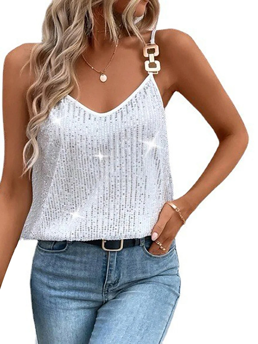 Fashion Ladies Sequin Cami Tops Spaghetti Strap V-Neck Sparkle Shimmer Women´s Summer Running Vests Loose Sleeveless Tanks Tops