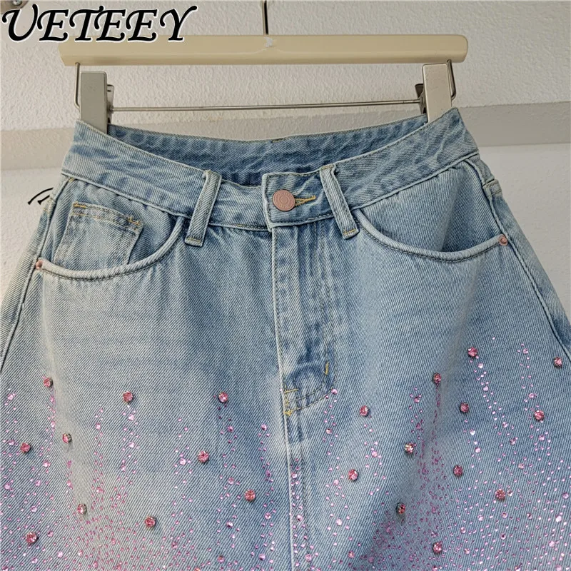 High-Grade Beaded Rhinestone High Waist Denim Short Skirt Women's Summer Thin Slimming Anti-Emptied Sheath A- Line Mini Skirts