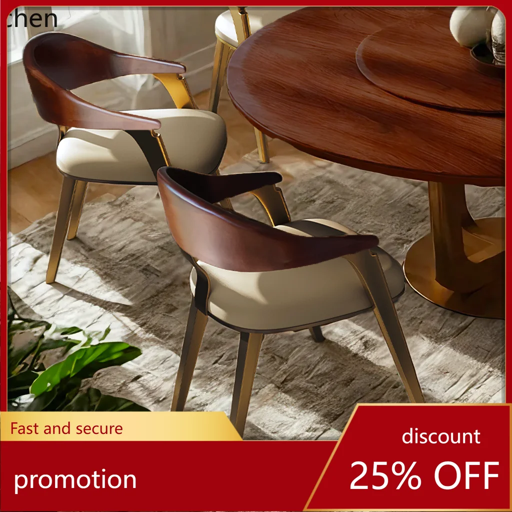 

HXL Genuine Leather Dining Chair Solid Wood Walnut Tea Chair Armrest Backrest Chair