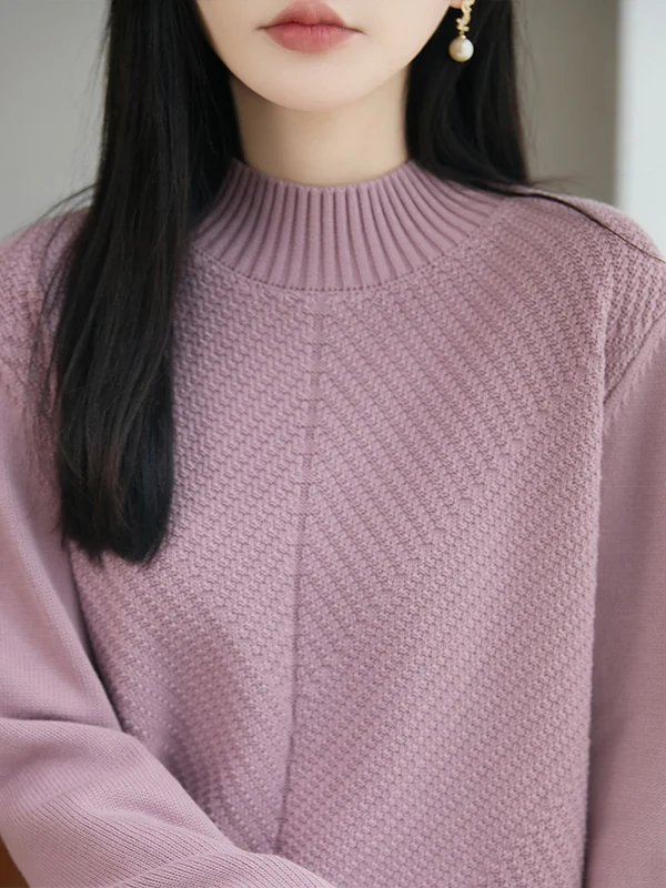 100% Pure Cotton Long Sleeve Knitted Base Layer Loose Women's Sweater Full Cotton Thread Warm  Color Half High Collar