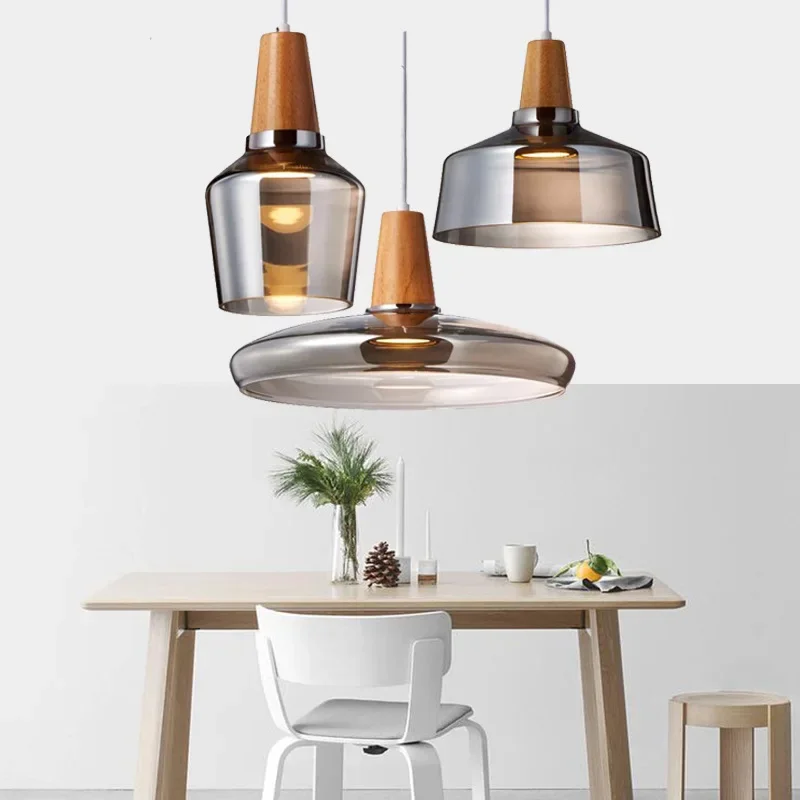 

Modern Pendant Light Led Glass Lampshade Wooden Hanging Suspension American Retro Bar Table Gray Nordic Dining Loft Decor Lamp