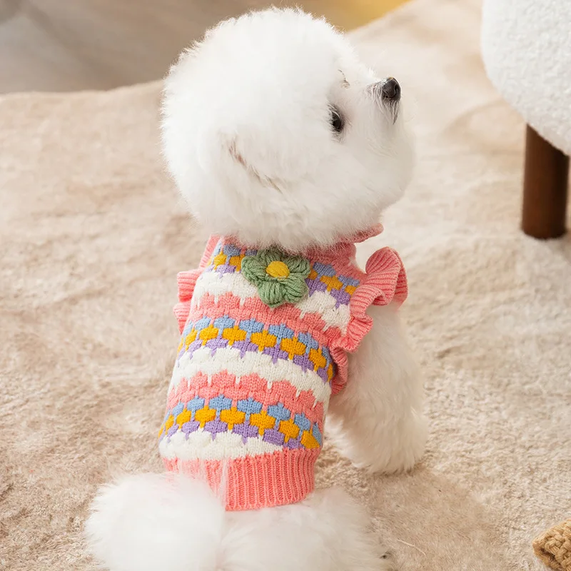 Winter Dog Sweater Small and Medium Dog Warm Clothes Teddy Bichon Knit Sweater Cat Pink Flower Two Legs Clothes