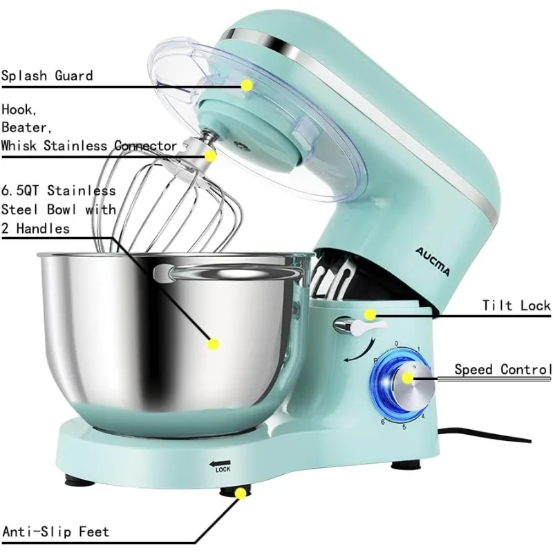 Stand Mixer,6.5-QT 660W 6-Speed Tilt-Head Food Mixer, Kitchen Electric Mixer with Dough Hook, Wire Whip & Beater (6.5QT, B