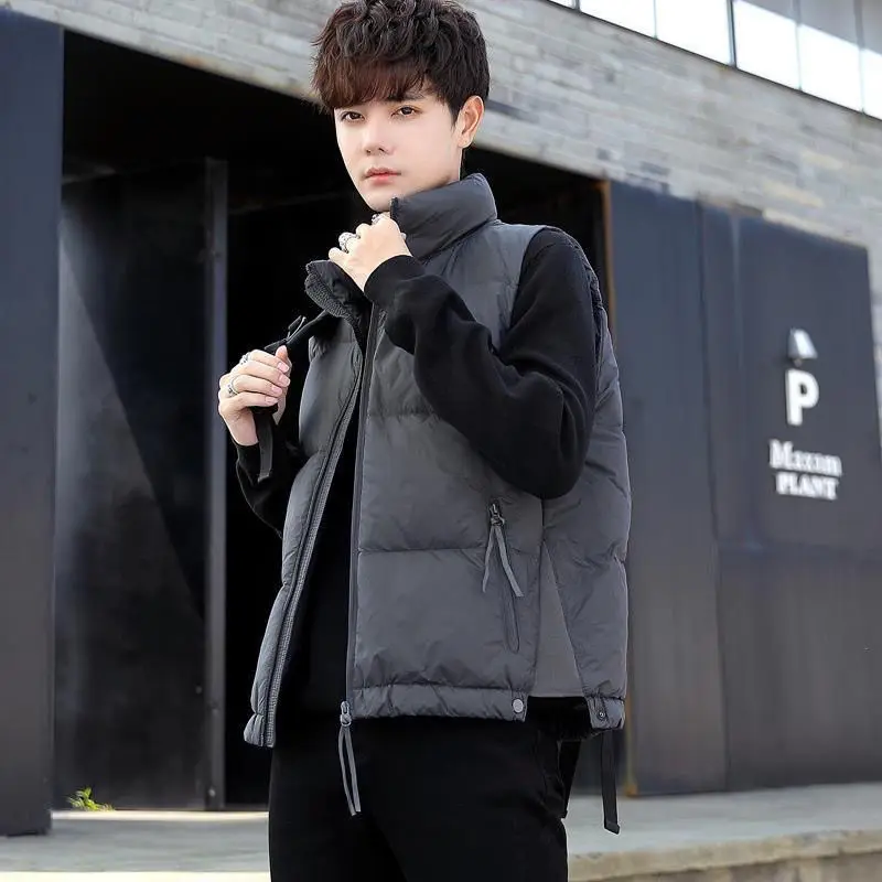 Hong Kong style trendy sleeveless down vest with zipper splicing design duck down American style warm and cold-proof jacket