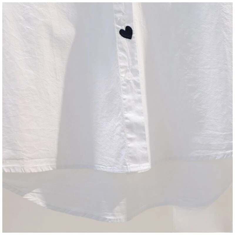 98% Cotton Shirts Women Heart Embroidered French Polo White Shirt Fashion Loose Short Sleeve Blouse Summer Trend Thin Shirt Y2k