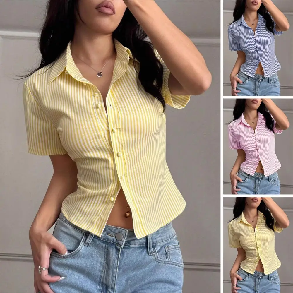 

Women V Neck Striped Shirt Short Sleeve Slim Fit Casual Tops Summer Office Commuting Blouse