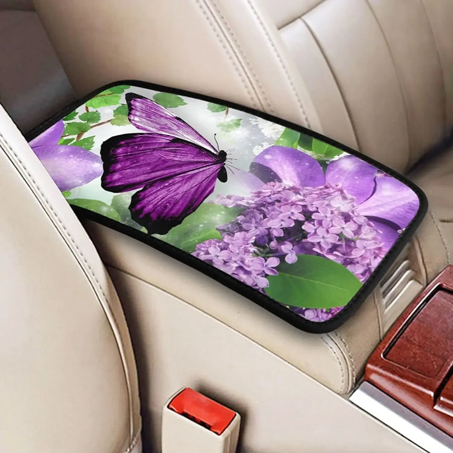 Vehicle Center Console Armrest Cover Pad, Butterfly Lilac Flowers Print Soft Comfort Car Handrail Box Cushion Universal Fit for