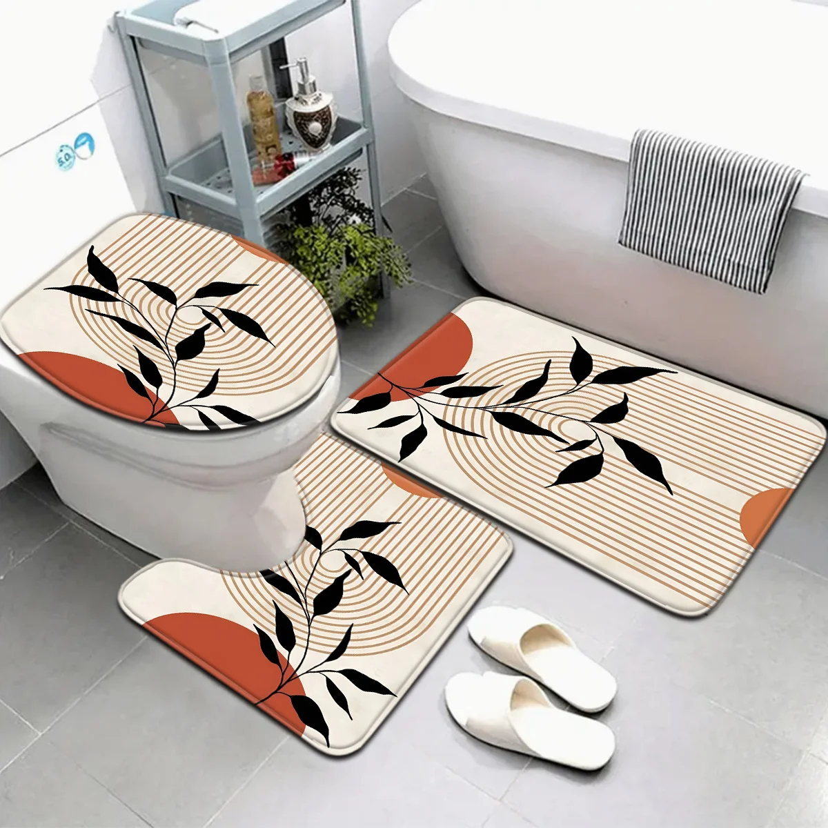 3 قطعة سلسلة الفن الحديث البرتقالي خط ورقة نمط الحمام حصيرة مجموعة غطاء مقعد المرحاض على شكل حرف U القدم أماه