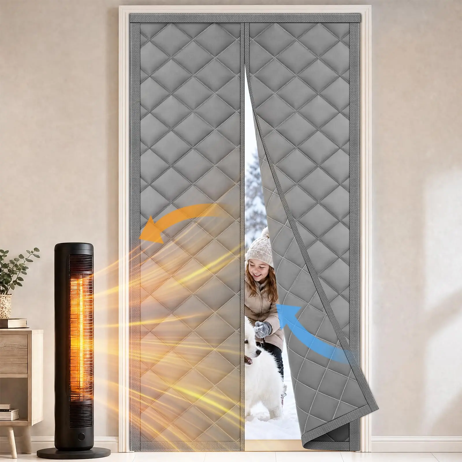 Magnetic Thermal Insulated Door Screen, Upgraded Oxford Cloth with Thicken Polyester Fiberfill Curtain, Weatherproof Insulation