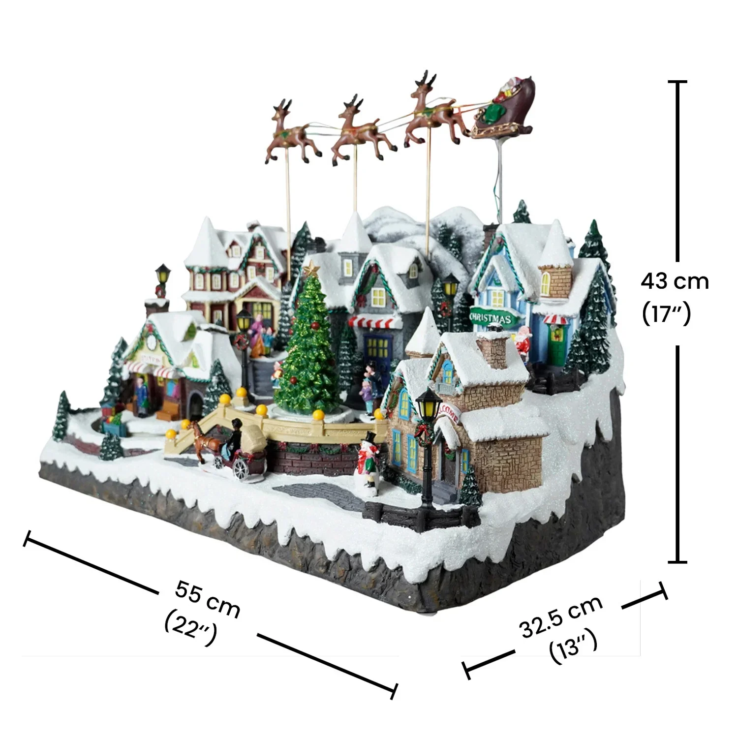 Casa LED natalizia in poliresina musicale di grandi dimensioni che vola sulla scena del slitta di Babbo Natale Villaggio di Natale con albero di Natale rotante