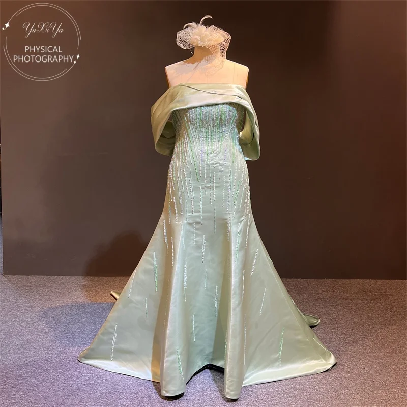 green dress with diamond straps Z0355 customized 100%Real Photos Dark Satin Spaghetti Beads Ball Gown Formal Prom Party Dance Evening emerald green dress with gold belt