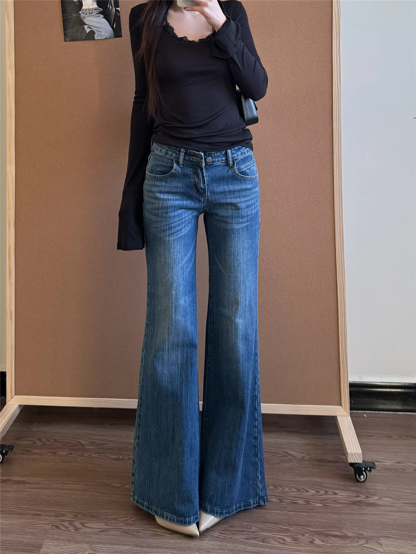 

Retro Lengthened Low Waist Bell Bottom Jeans Women's Loose Slimming Design Casual Cotton Denim Spring Fashion Ladies' Jeans