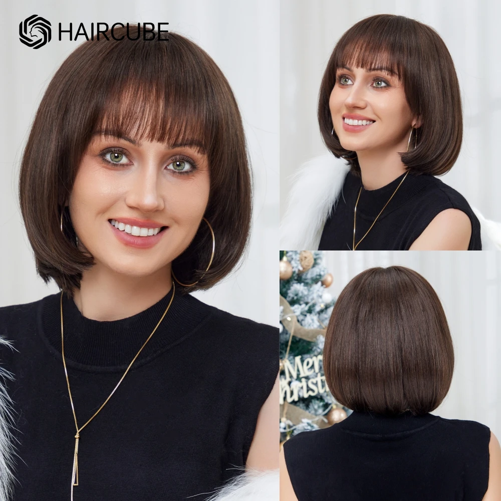 HAIRCUBE Short Straight Blend Human Hair Wigs Natural Brown Bob Wigs with Bangs Human Hair Blend Synthetic Wigs Heat Resistant