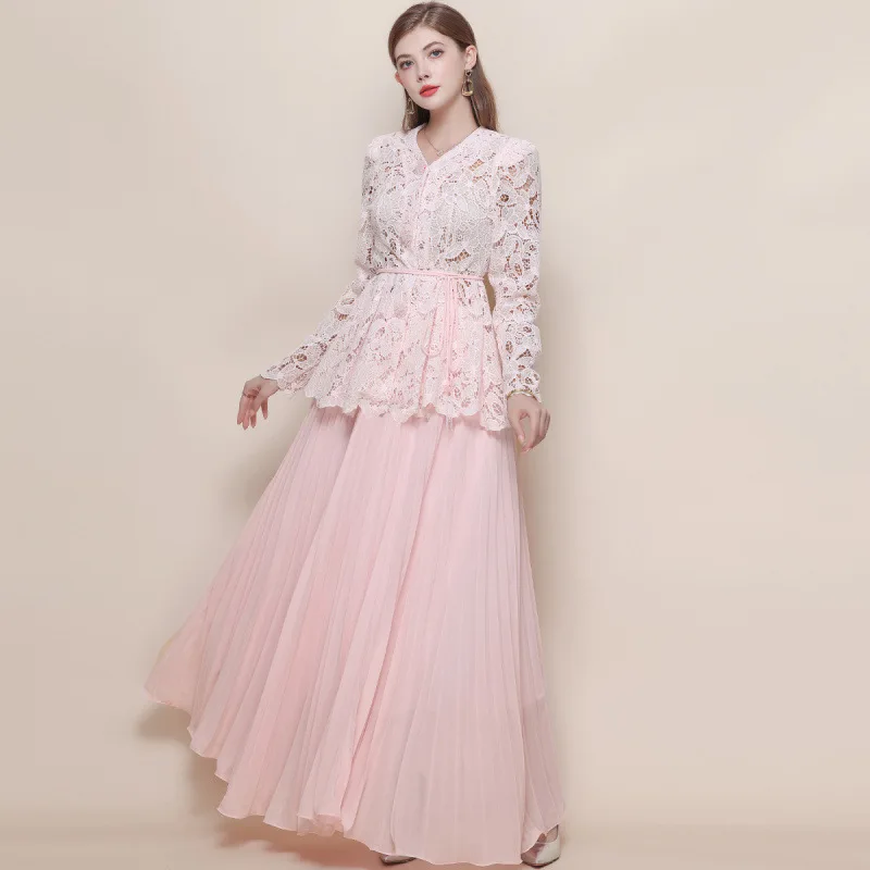 Emagrecimento V-Ne Long Sve Lace irt Conjunto feminino saia de cintura alta Csole Dr Street Sle malha fibra de poliéster