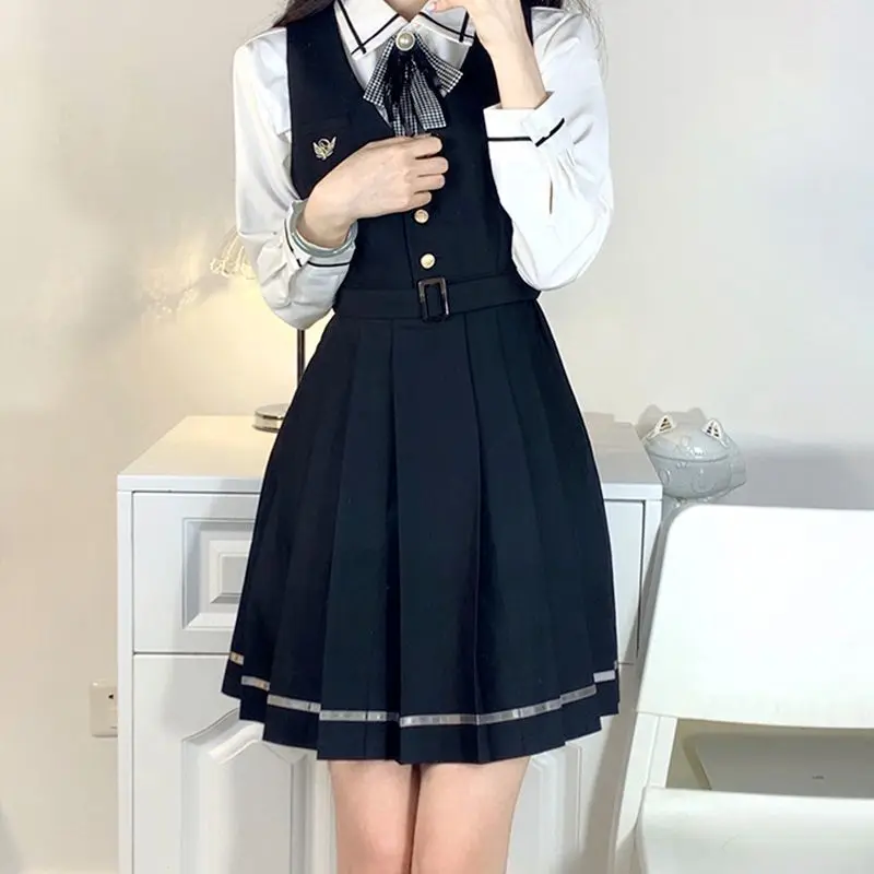 MAGOGO Original Japanese Short Dress Sets Women Autumn College Style High Waist Pleated Skirt with Shirt Coat Three-piece Suit