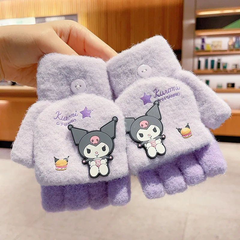 

Sanrio Kuromi детские теплые перчатки Kawaii мультфильм зимние теплые детские перчатки уличные холодостойкие вязаные варежки с полупальцами новые