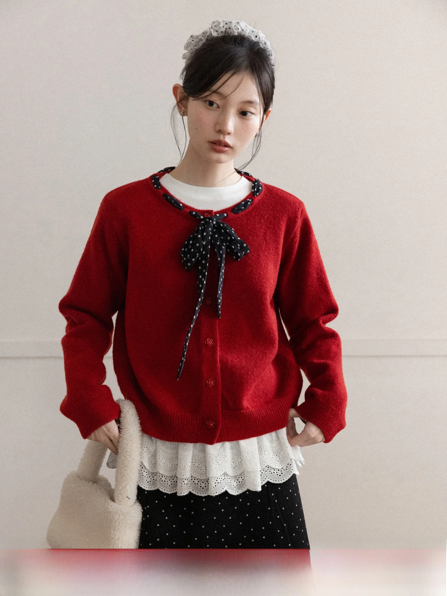 

Red round Ne Knitted Sweater Women's Winter Versatile Top Soft Comfortable Casual Loose Fit Knot Long Sve Sweater