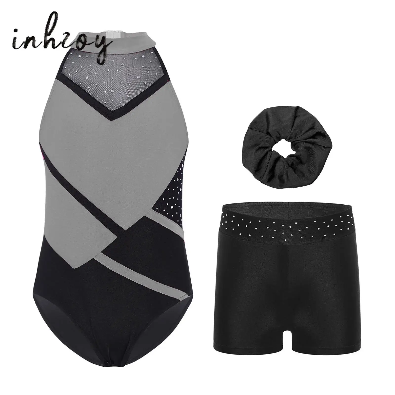 

Kids Girls Gymnastics Dance Leotards Outfit Strappy Back Color Block Glittery Rhinestones Leotard with Shorts and Hairband Sets