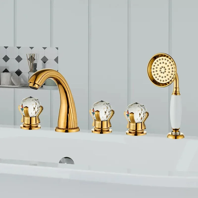  Gold Bathtub Faucet Set Widespread Tub Sink Mixer Tap  Brass Crystal Bathroom Bath Shower Faucet with Hand shower Head