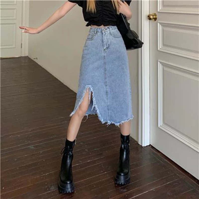 Ladies Ripped Dresses Hollow Out Retro Skirts Street Dress Korean Style Oversized Casual Vintage Women's Denim Skirt Y2K Dresses