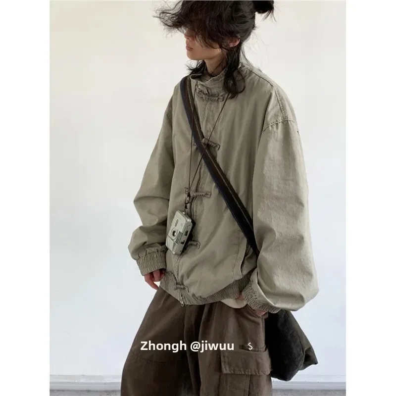 New 2025 Chinese Style Stand Collar Jacket Long Sleeve Pure Color Retro Button Neutral Outerwear for Men And Women