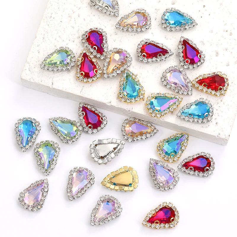 

8x13mm Teardrop Transparent Crystal Sew On Rhinestones With Gold Claw Sewing Stones Metal Base Buckle For Clothes Strass Diamond